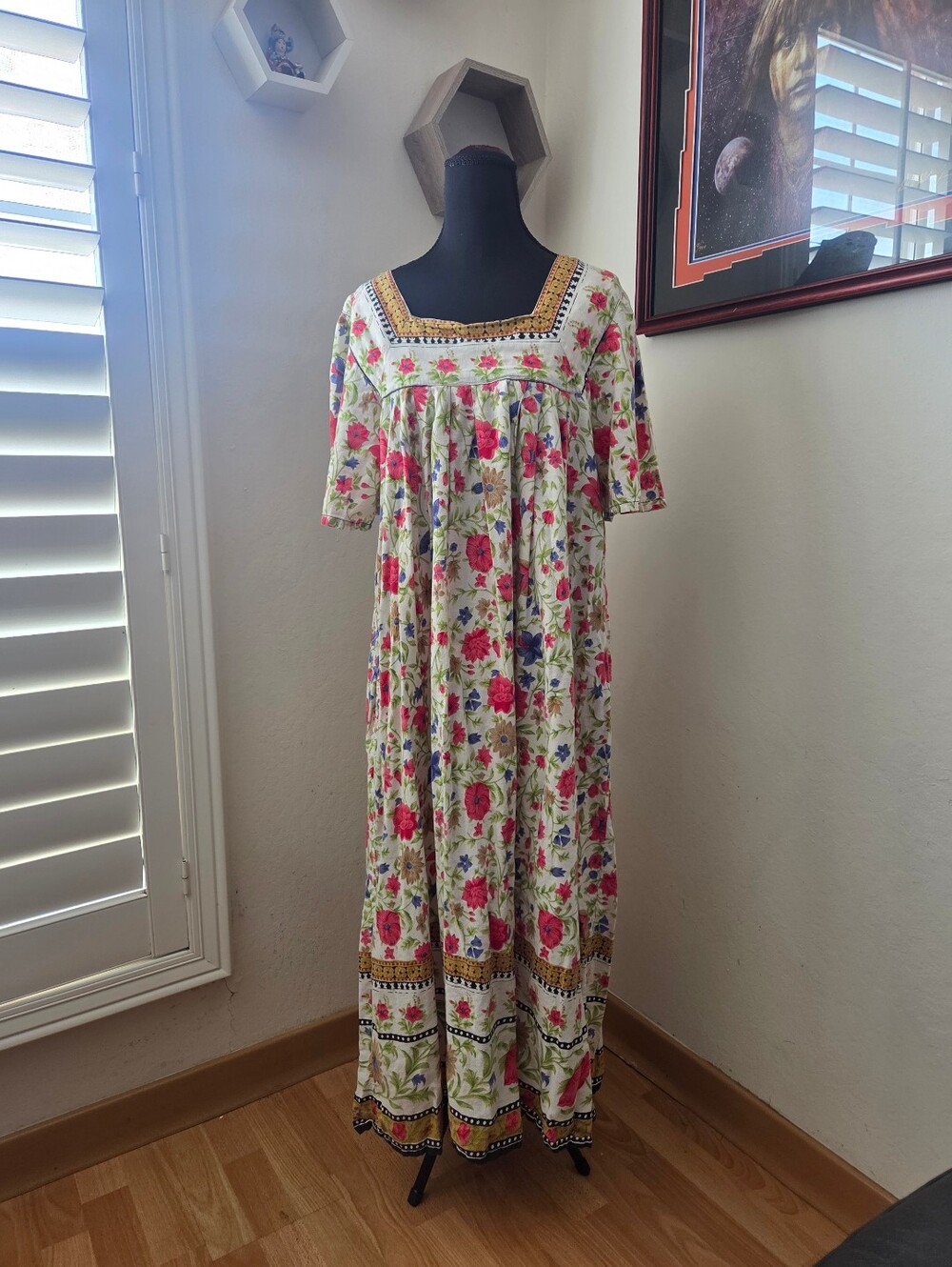 Ivory Maxi Dress with Pink Floral Print and Embroidered Border Cottage Prairie M
